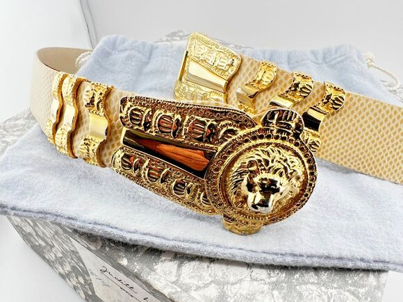 Vtg Judith Leiber Karung Snakeskin Leather Statement Belt Gold Lion Buckle w/Box main image 12